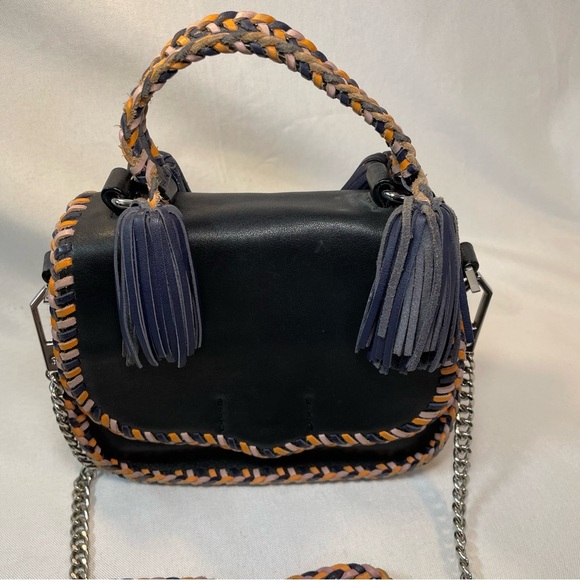 Rebecca Minkoff Black Leather Crossbody Bag Silver Chain Braided Tassels Boho - Picture 2 of 15